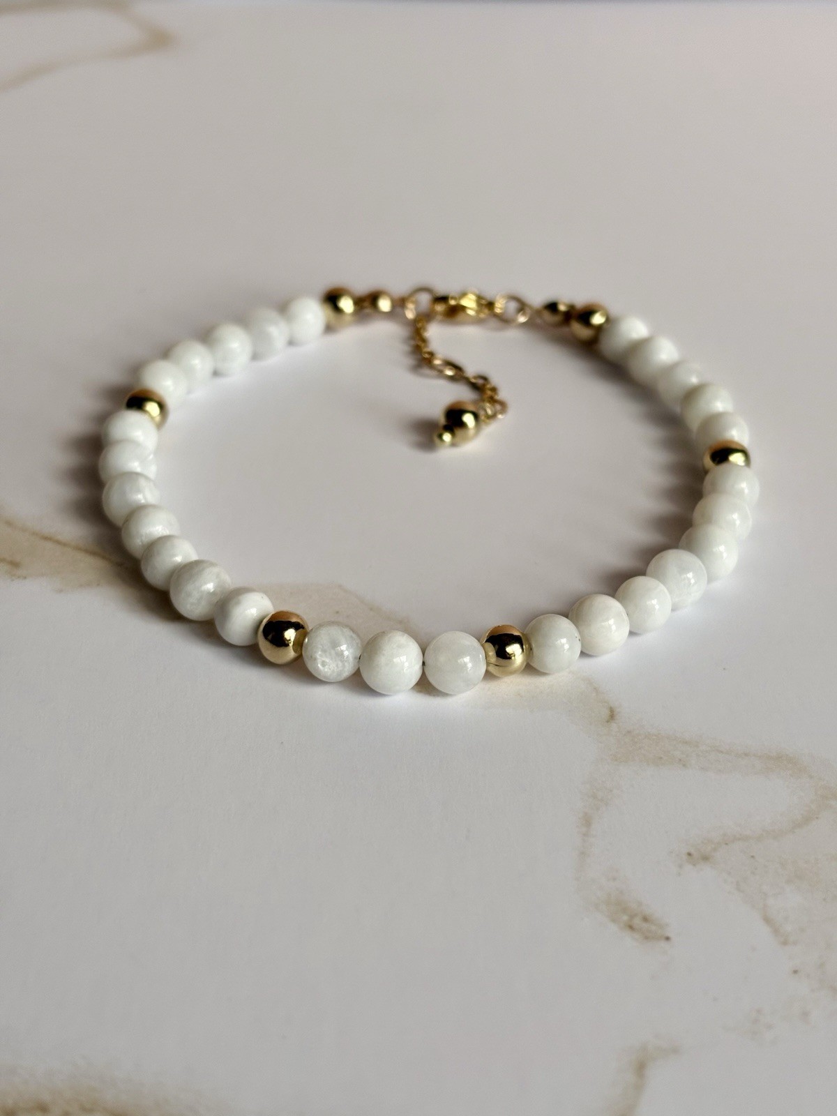 White Moonstone 6mm & 5.5mm Gemstone Beaded Bracelet Dainty Handcrafted Jewelry