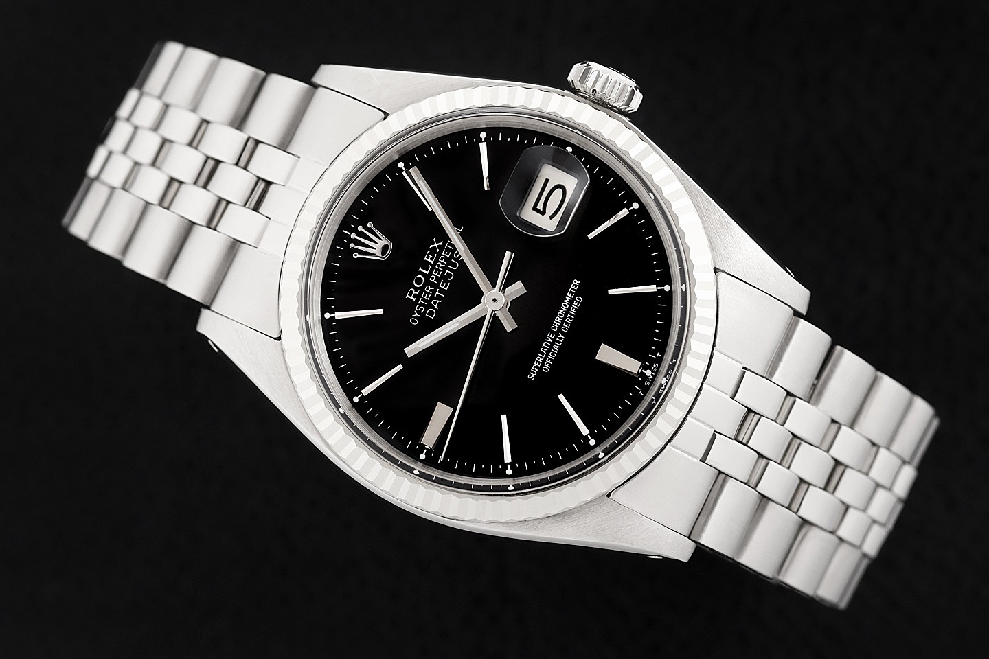 ROLEX DATEJUST 1601 18K GOLD STAINLESS STEEL BLACK DIAL FOLDED BAND WATCH