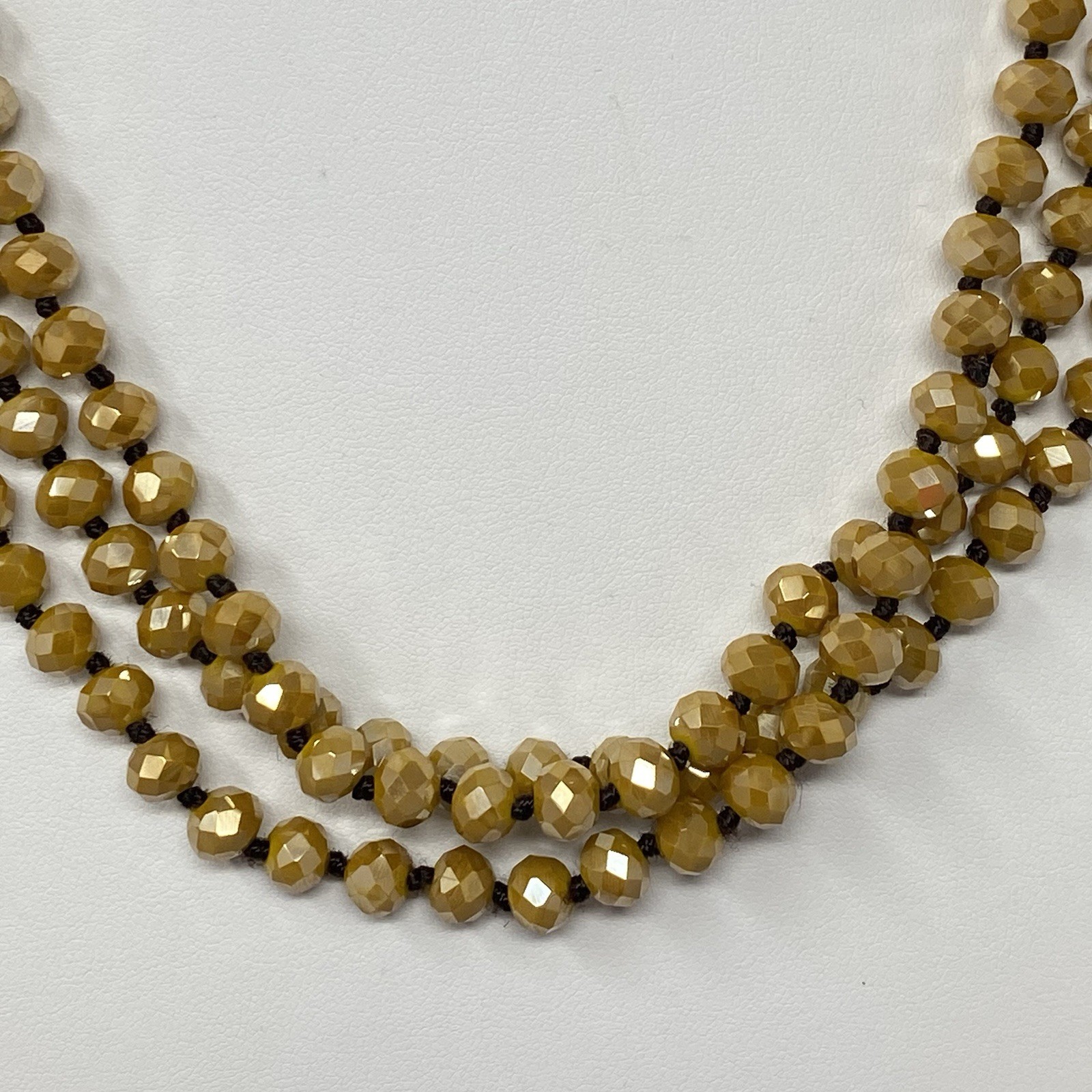 Czech Gold Glass Bead Flapper Necklace Fire Polished Coated Hand Knotted Cord 62