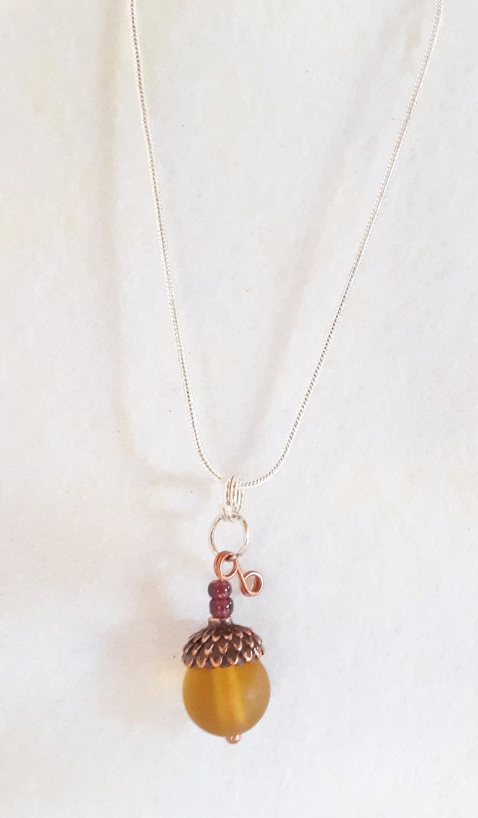 Handcrafted Acorn Pendant Charm Necklace Frosted Czech Glass 22″ SP Snake Chain