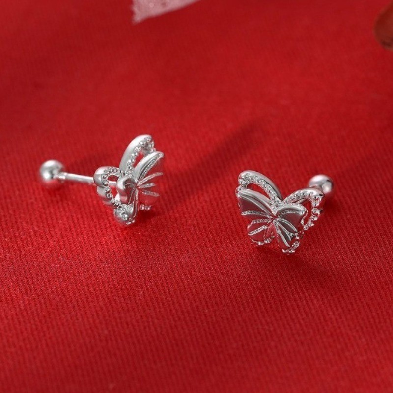 Silvery Double Layer Butterfly Screw Ear Studs Women’s Elegant Alloy Earrings