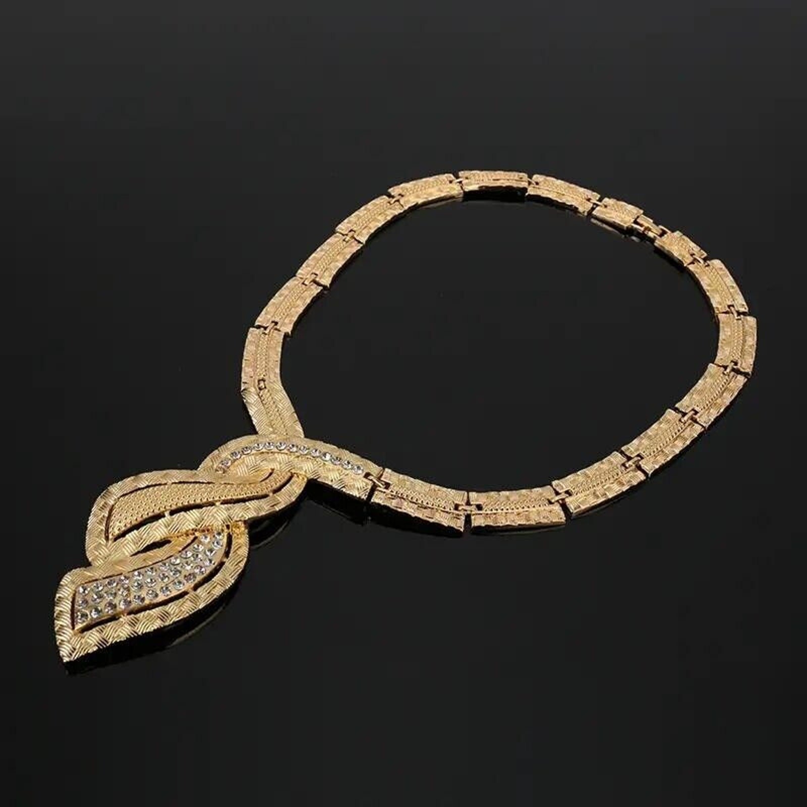 Traditional Rhinestone Bridal Set • Earrings-Necklace-Bracelet-Ring • Gold Tone