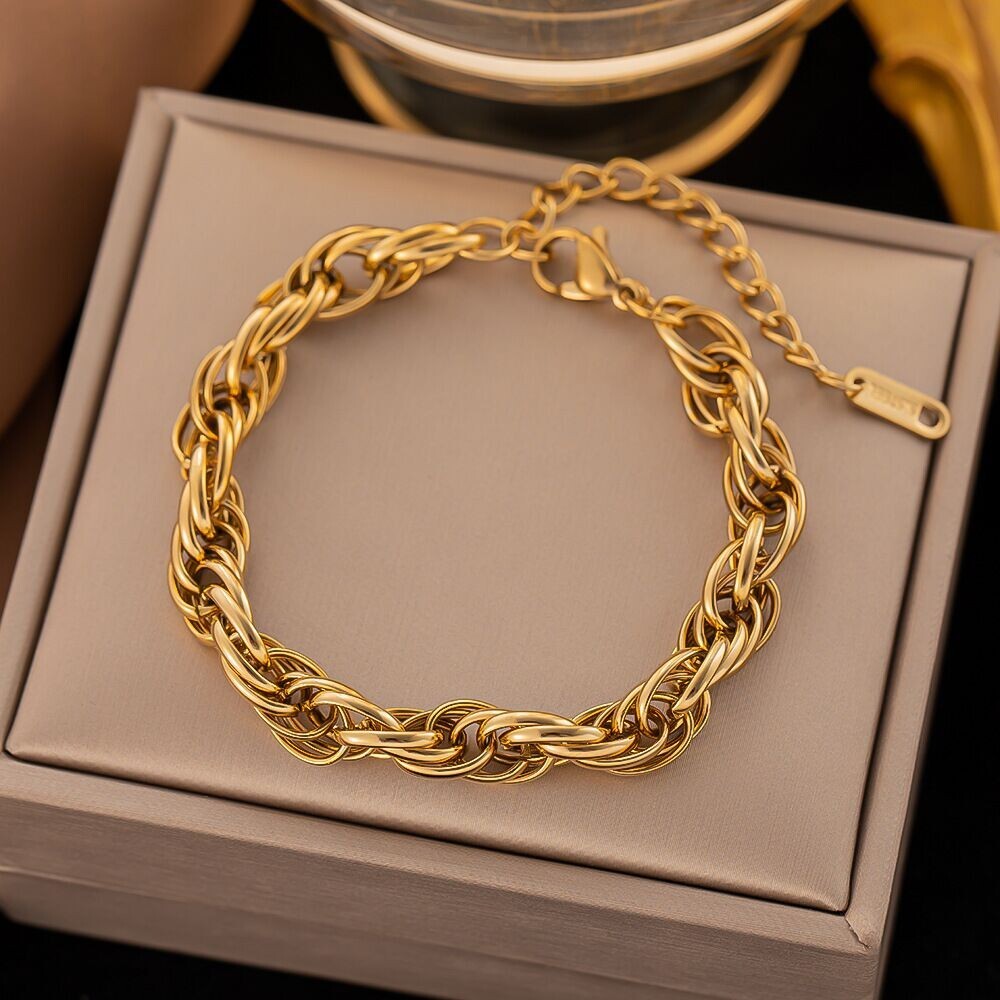 Woman 18K Gold Plated Stainless Steel Braided Bangle Bracelet 7.9”