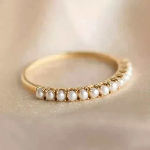 2Ct Round Cut Natural Pearl Half Eternity Wedding Band In 14K Yellow Gold Plated