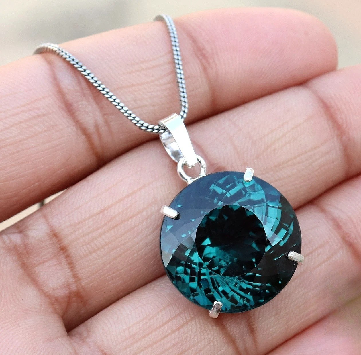 Natural Certified 28 Ct Teal BLUE Sapphire Gemstone Sterling Sliver Pendant