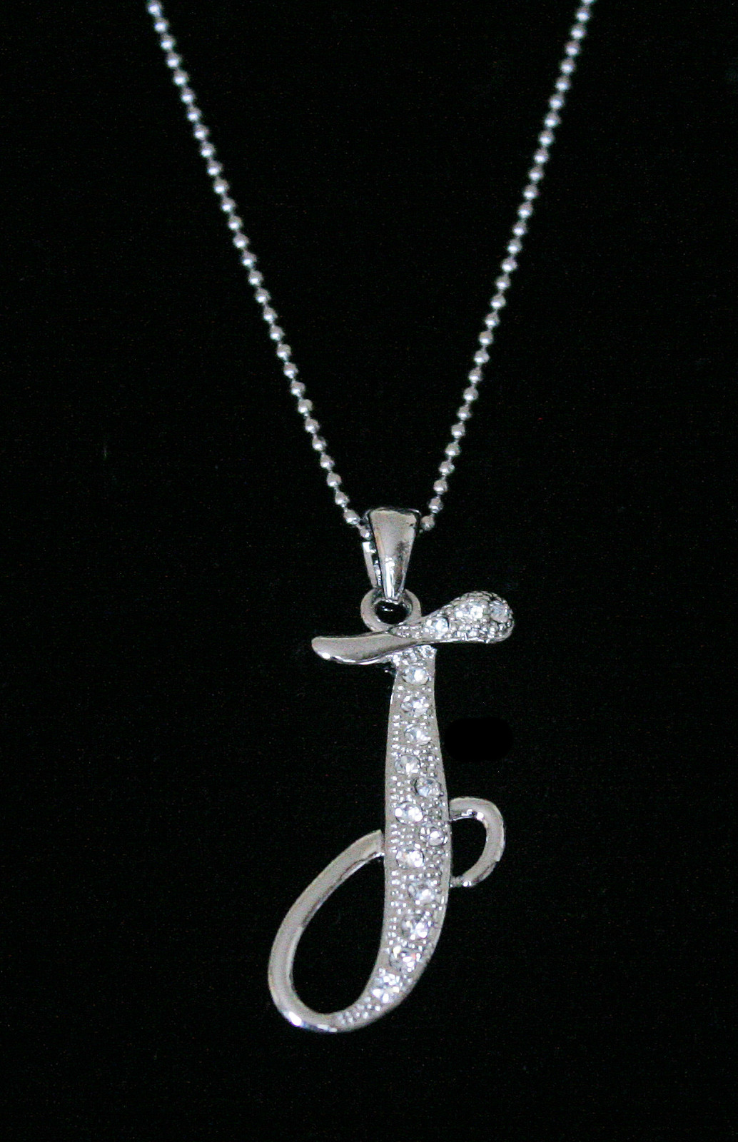 “J” LETTER INITIAL ALPHABET PENDANT CHARM NECKLACE CLEAR CRYSTALS LARGE SILVER T
