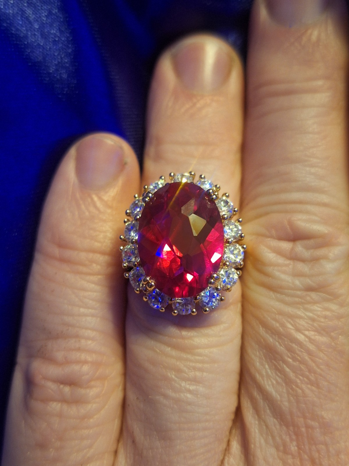 14K Solid Yellow Gold Over Silver Ruby Red Clear CZ Ring. Size 6.75