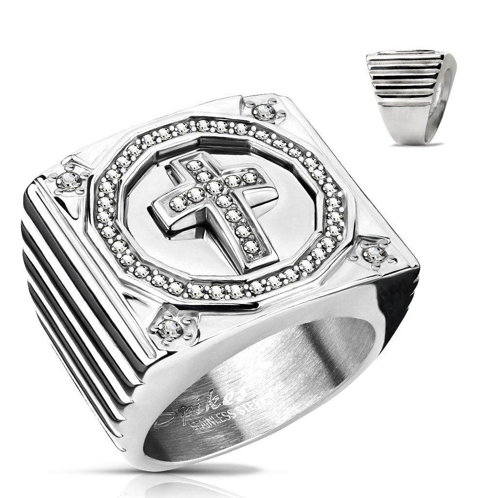 CZ Paved Cross Center Square Face Hand Polished Stainless Steel Mens Ring