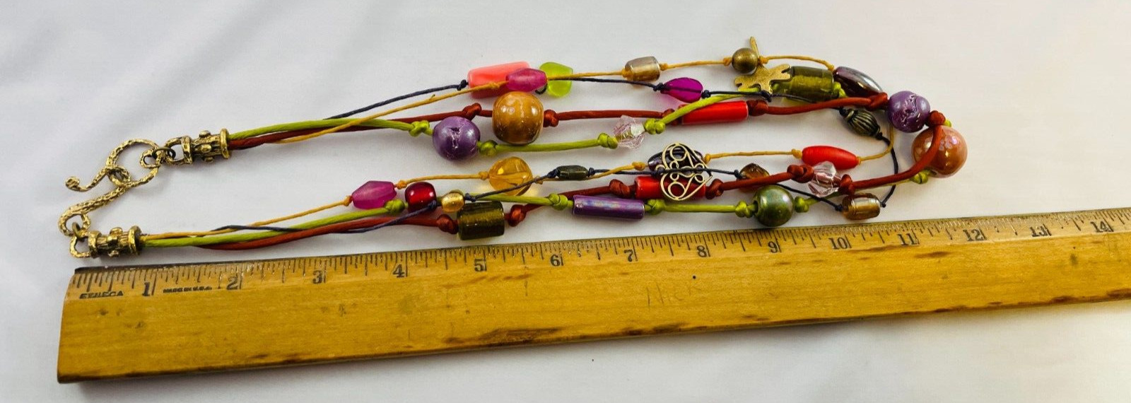 Multi Strand Beaded Charm Necklace Silk Cord Hammered Gold Tone Hook Clasp