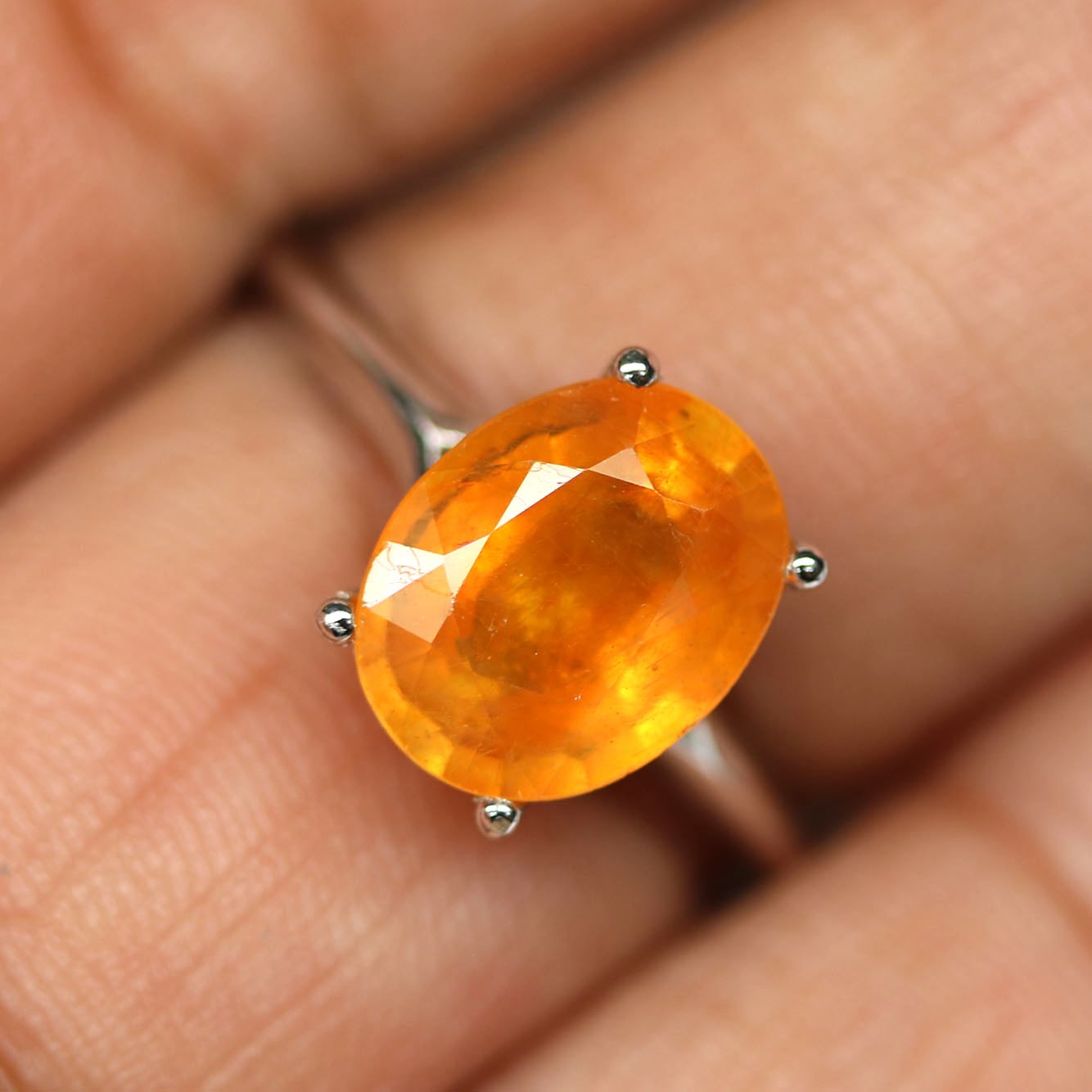 Handmade 925 Silver 9 x 11 mm. Orange Sapphire Ring Size 9 White Gold Plated