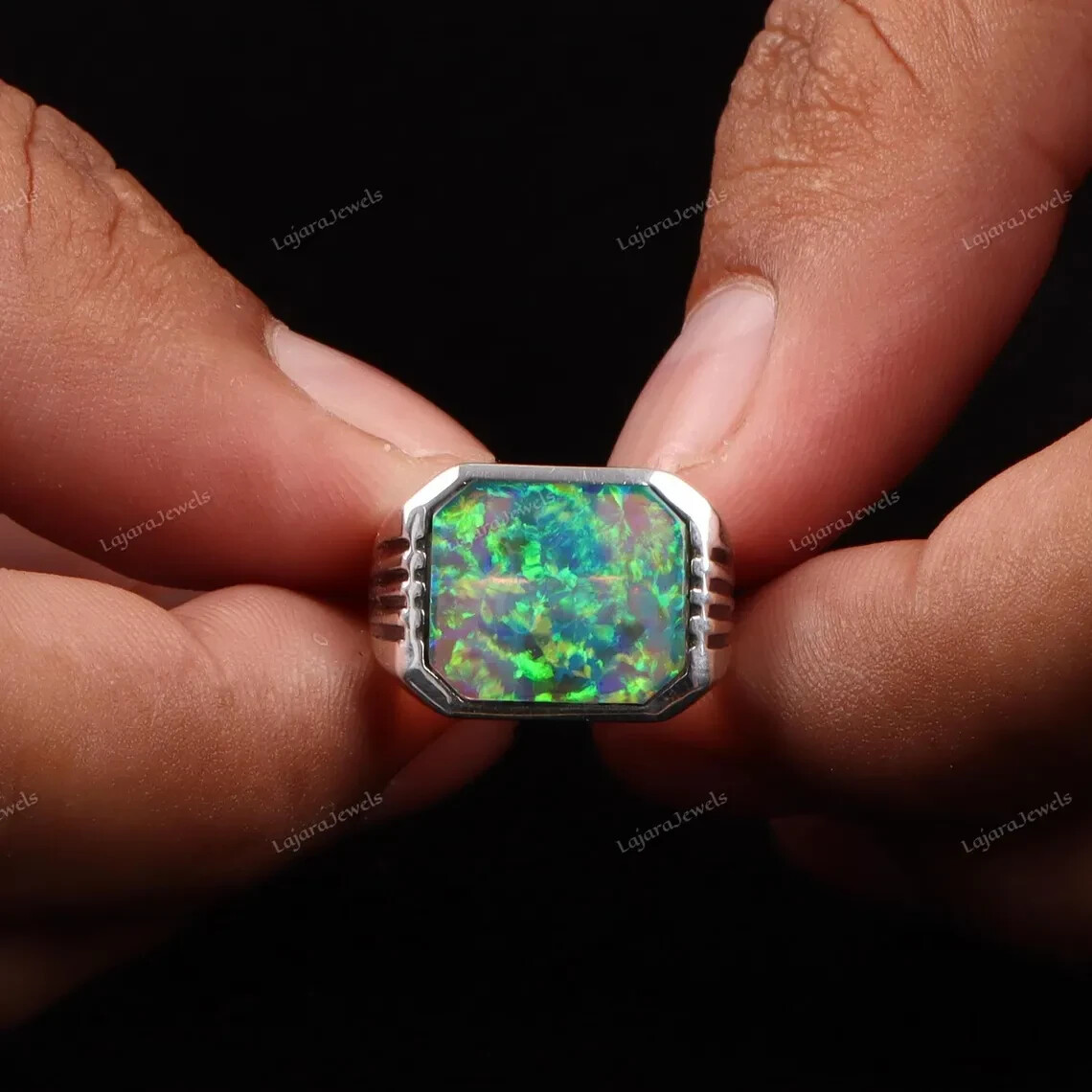 Rainbow Fire Opal Ring, 925 Sterling Silver Mens Signet Ring, Gift For Boyfriend