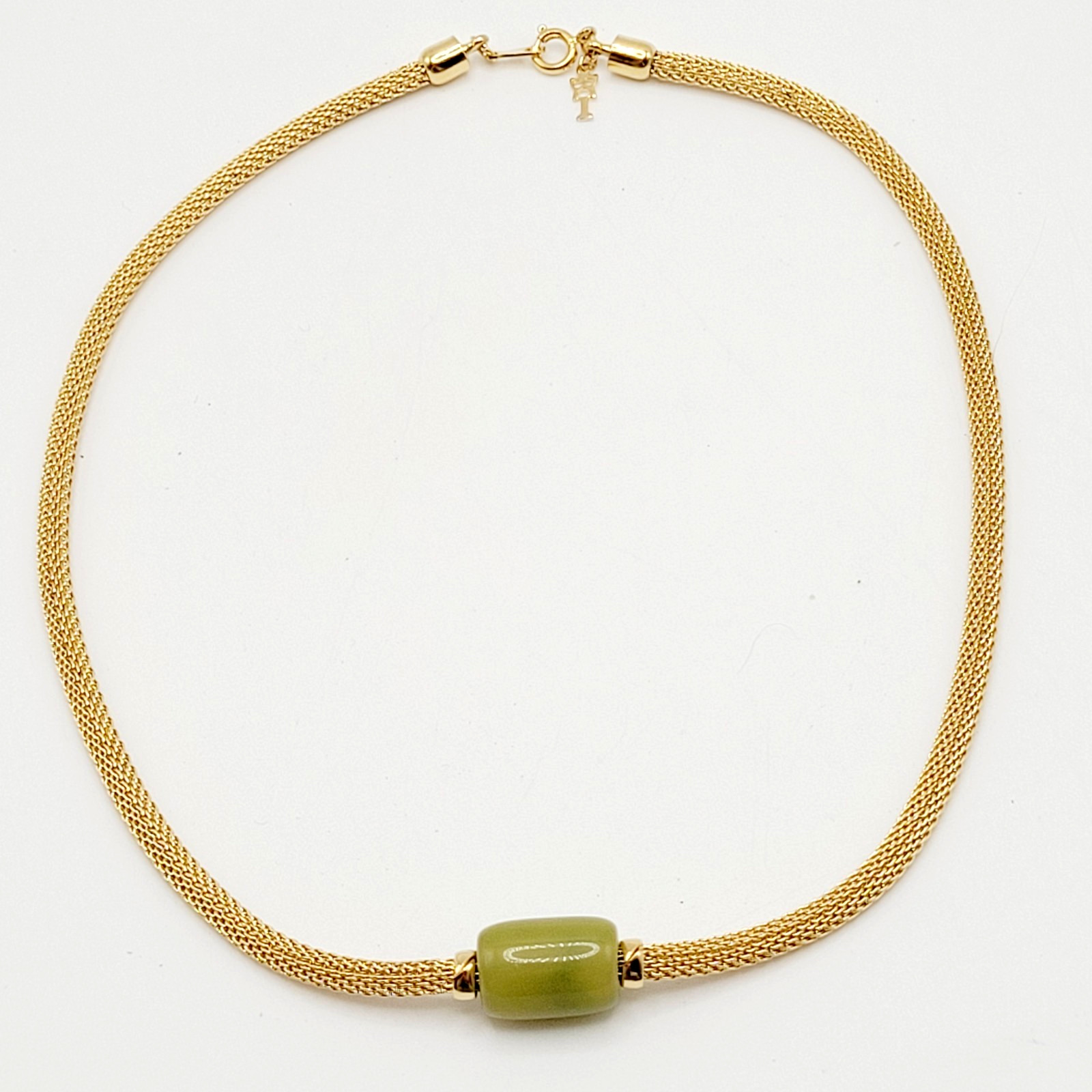 Crown Trifari Mesh Choker Necklace Lime Green Lucite Fixed Barrel Pendant 15 in