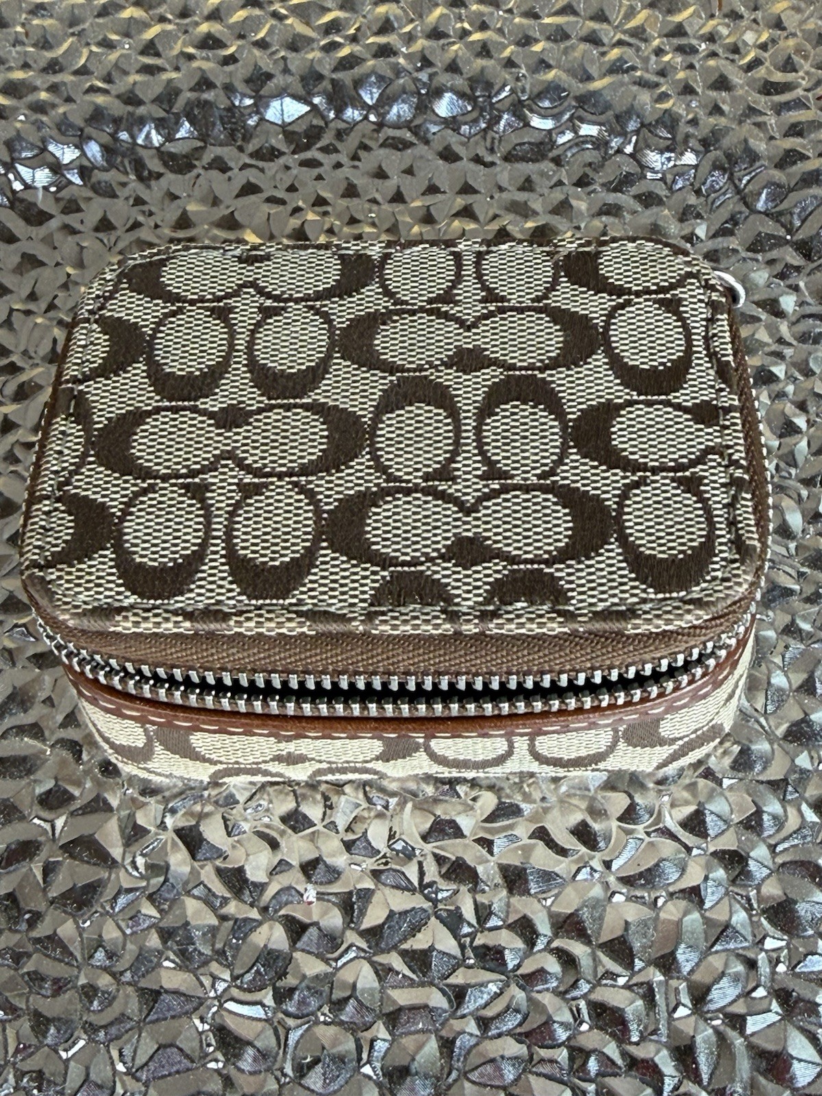 Coach Signature Logo Canvas Leather Travel Jewelry Case Zip-Around Brown Beige
