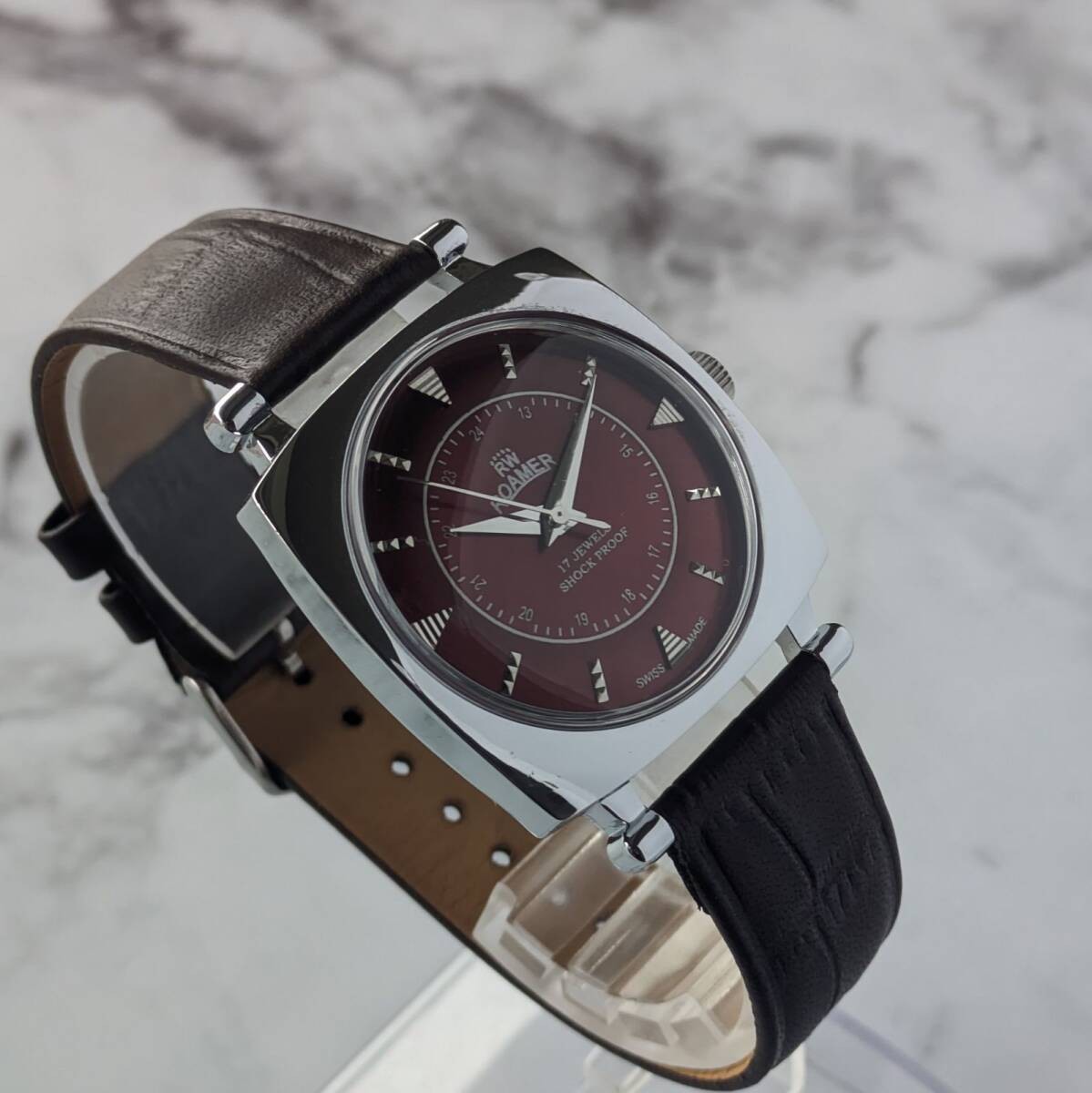ROAMER Vintage Hand-Winding Mechanical Wine Red Sunburst Tonneau Leather Watch