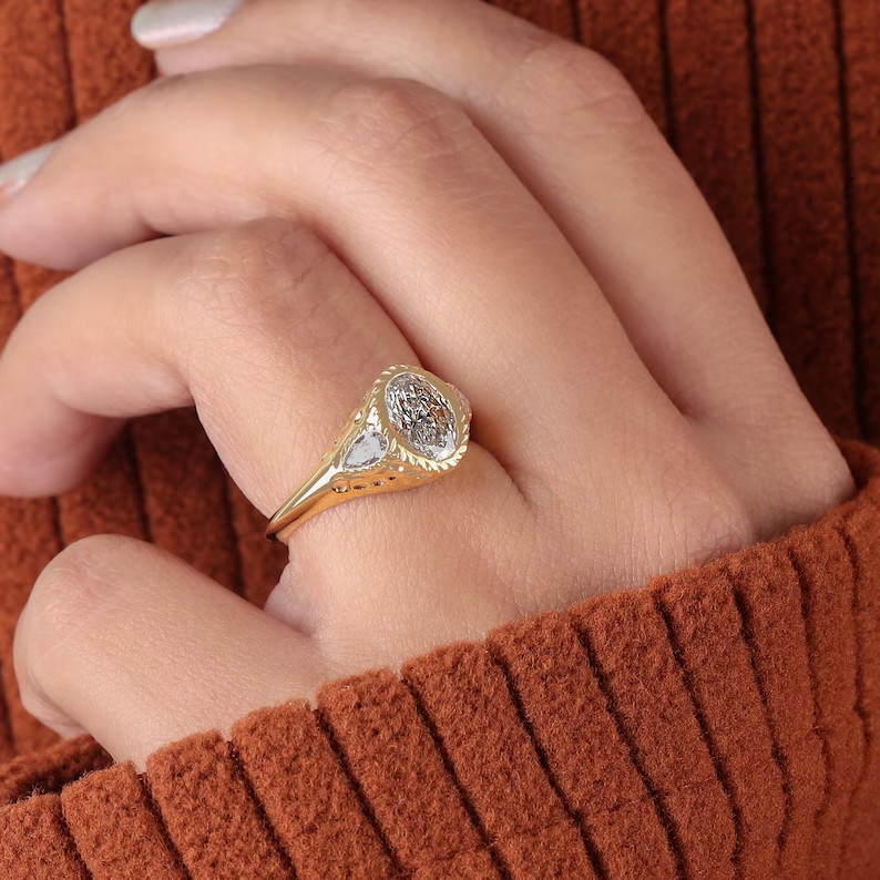 2.40 Ct Oval Real Moissanite Bezel Engagement Ring 14K Yellow Gold Plated