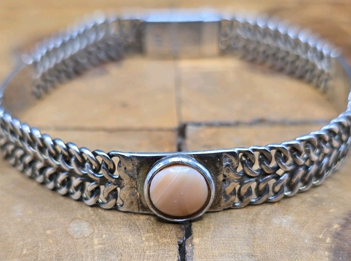 ​Vintage Peruvian 950 Silver Flat Foxtail Panel Pink Conch Shell Bracelet 7.5″