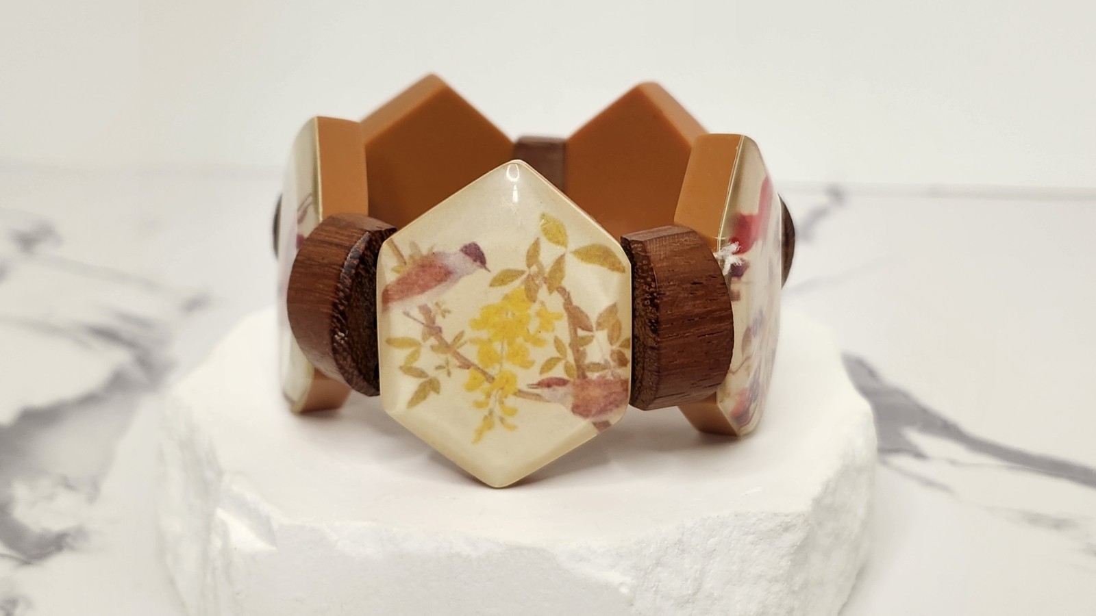 Boho Tropical Wooden Hexagon Tile Bracelet Acrylic Resin Bird Print Statement