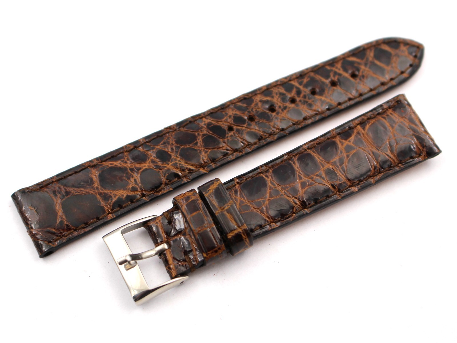 Genuine Crocodile Leather Strap Shiny Brown 18/16mm Steel Buckle New Top
