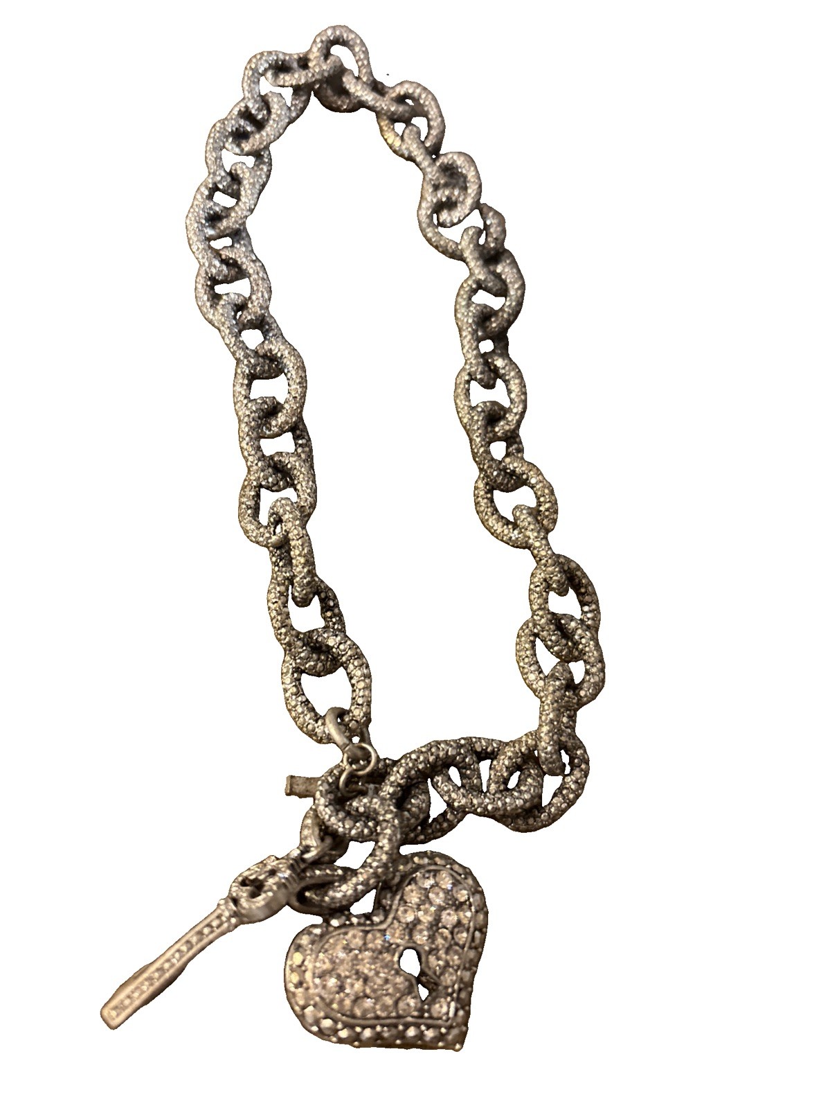 TRACI LYNN CHUNKY LINKS☆PAVÉ CRYSTALS HEART w KEY HOLE PENDANT NECKLACE☆TOGGLE☆