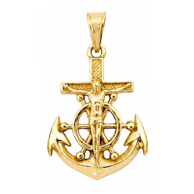 Real 14K Yellow Gold Jesus Anchor Cross Pendant Nautical Mariner Ship Wheel