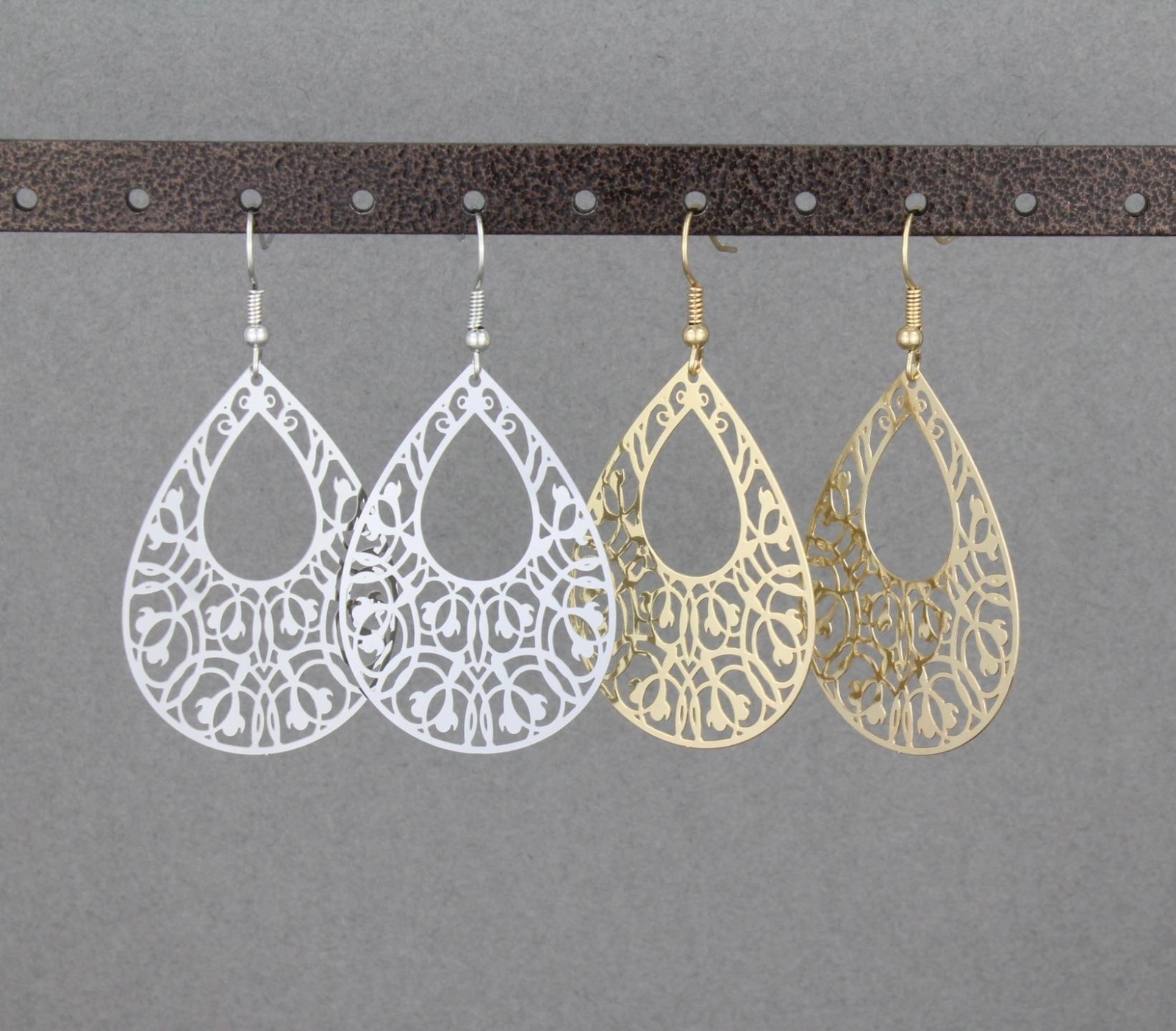 Silver teardrop filigree dangle earrings shiny 2 7/16″ long lightweight scroll