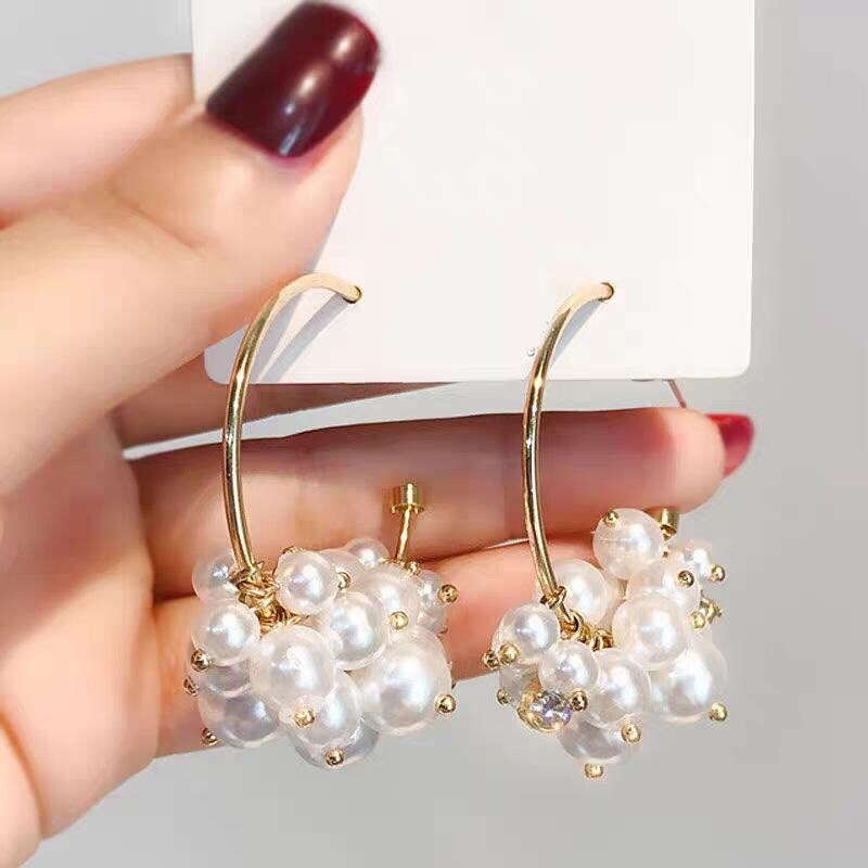 18K Gold Plated White Pearl Dangle Drop Earrings for Women,Open Hoop Earrings