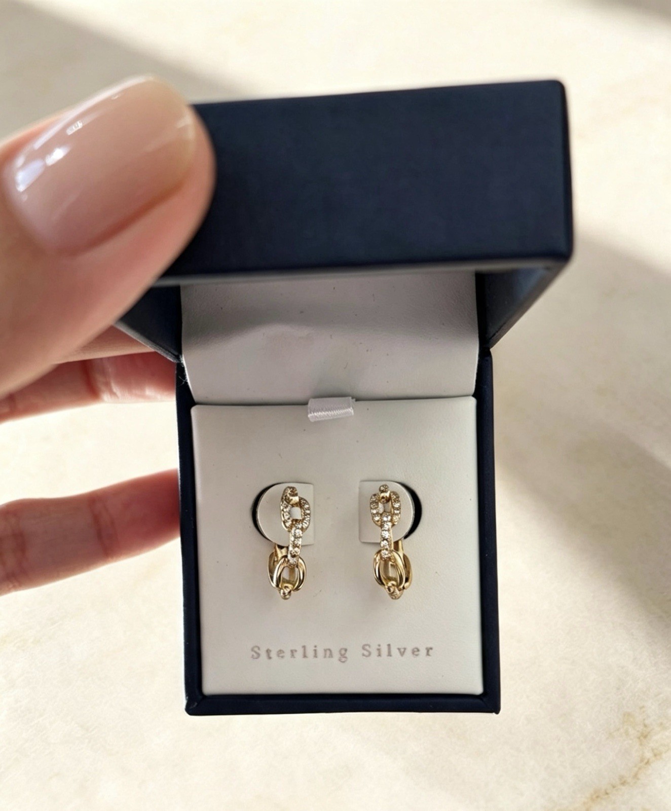 Contessa Di Capri 925 Sterling Silver CZ Chain Link Hoop Earrings Gold Plated