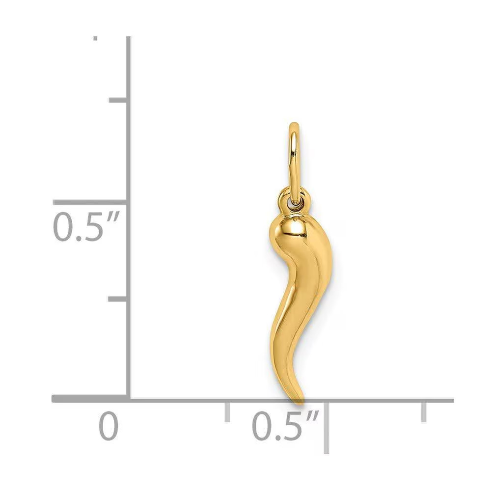 14k Real Solid Gold Italian Horn Good Luck Charm Pendant, 15mm Length