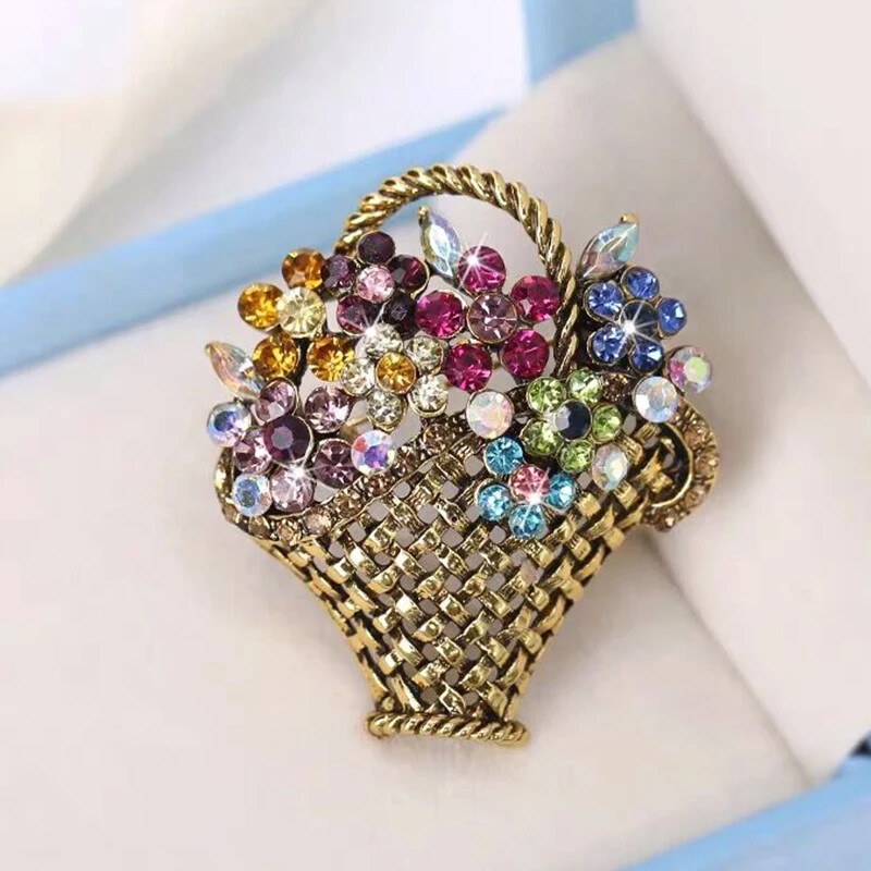 Crystal Rhinestone Flower Basket Brooch Gold Pin Jewelry Mother’s Day Gift Her