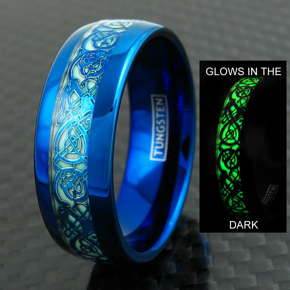 8mm Blue Tungsten Men’s Ring Celtic Dragon *Glow in the Dark* Wedding Band