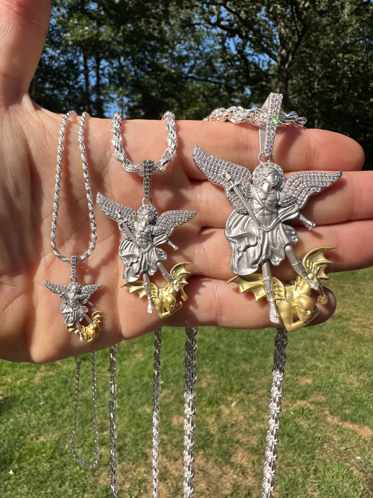 MOISSANITE St Michael Slaying Dragon Pendant 925 Silver & 14k Gold Necklace Iced