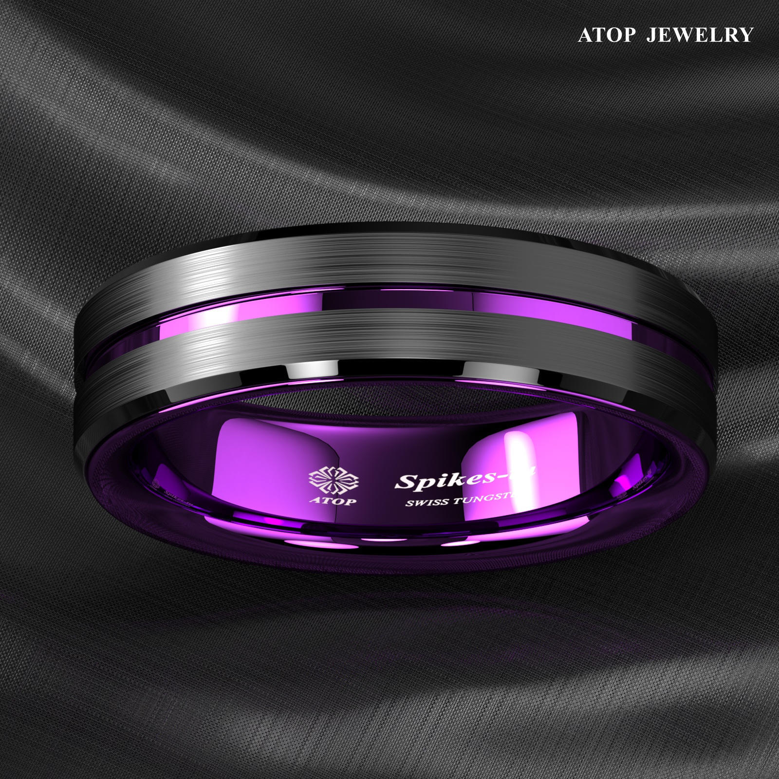 8/6mm Black Tungsten Carbide Thin Purple Line Wedding Band Ring ATOP Men Jewelry