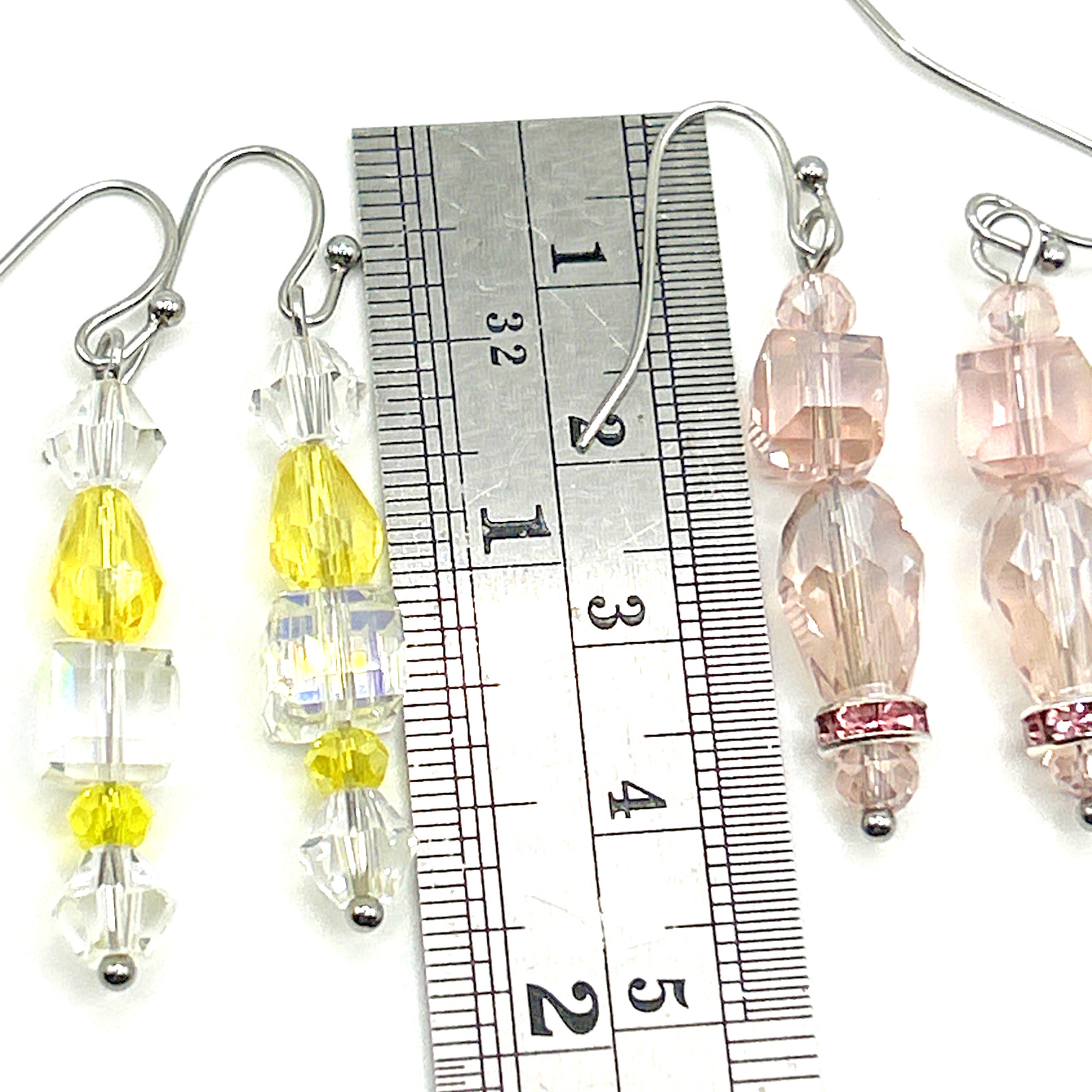 2 Pair Set: Glass Beaded Dangle Drop Earrings- YELLOW & PINK w Stainless Hooks