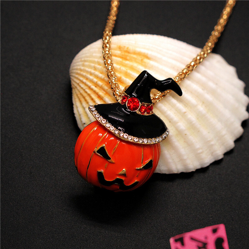New Enamel Orange Halloween Hat Pumpkin Crystal Fashion Women Pendant Necklace