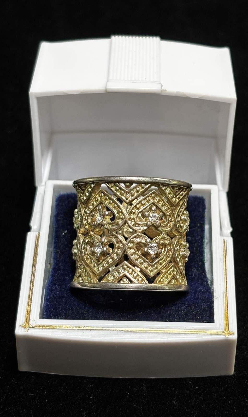 Two Toned Sterling Silver Wide Cigar Band With Filigree And Hearts Size 8-8.5