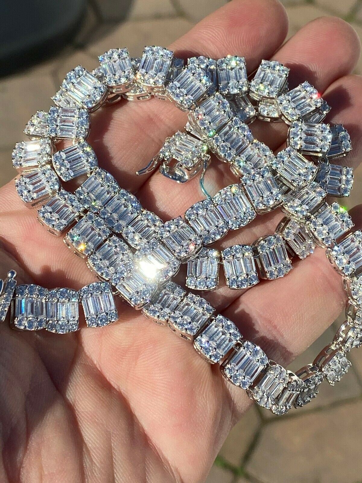 Solid 925 Sterling Silver Baguette Tennis Chain Bracelet Real Iced CZ