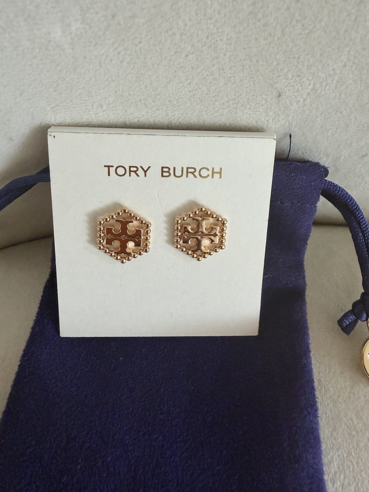 Tory Burch Stud Earrings Milgrain Hex design Gold Tone
