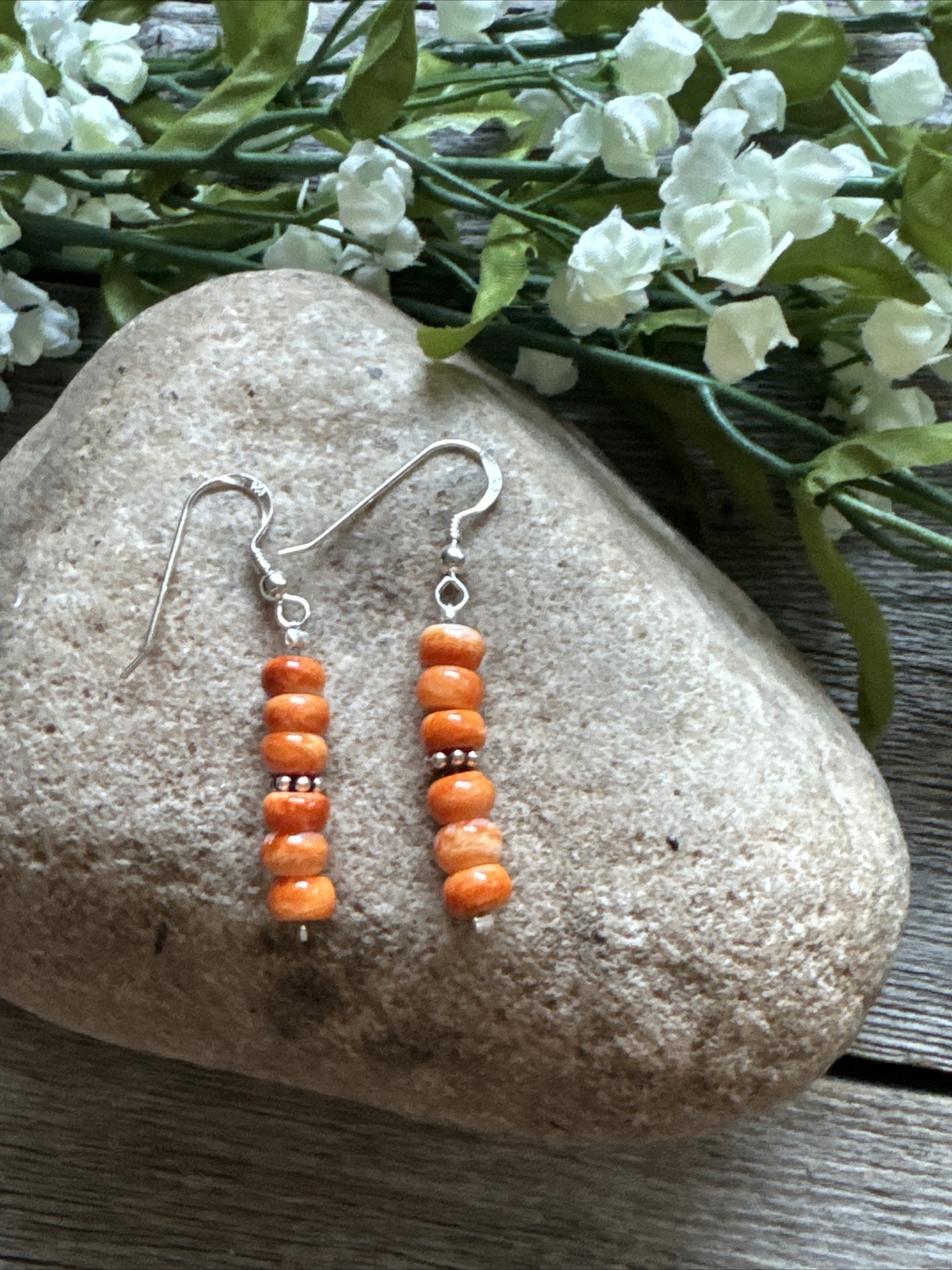 Southwestern 925 Sterling Silver Orange Spiny Oyster Bead Earrings 1 Inch