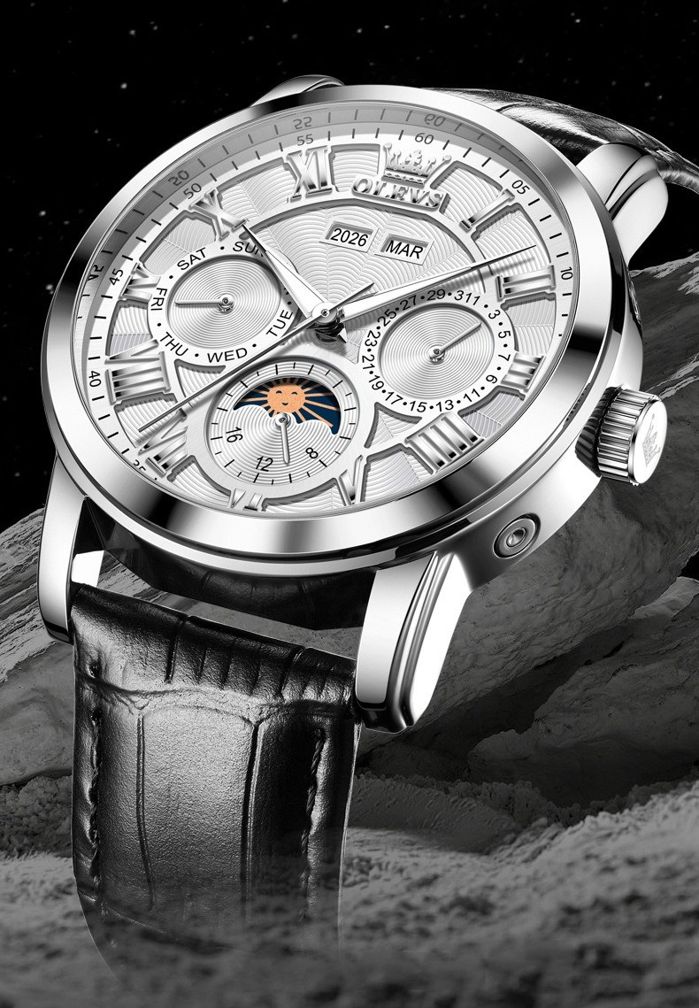 OLEVS Moon Phase Automatic Mechanical Men Watch Self-wind Skeleton Leather Band