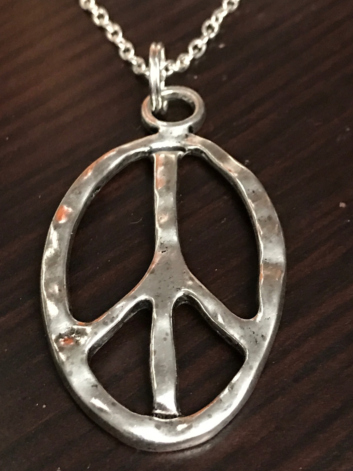 60’s Boho Peace Sign Jagged Edge Retro Tibetan Silver Charm Necklace 18″