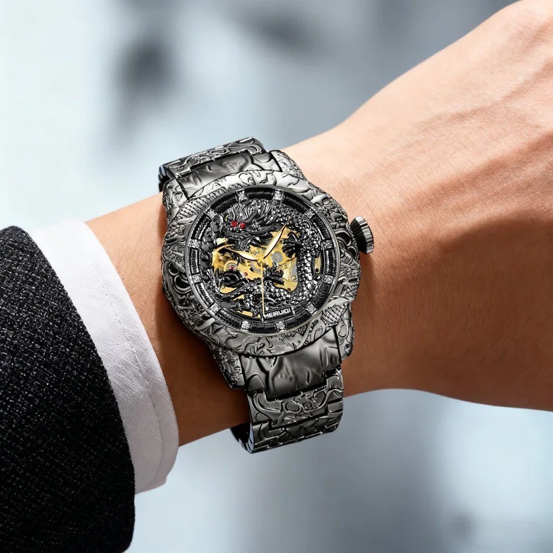Men’s Black and Gold Dragon Automatic Mechanical Watch