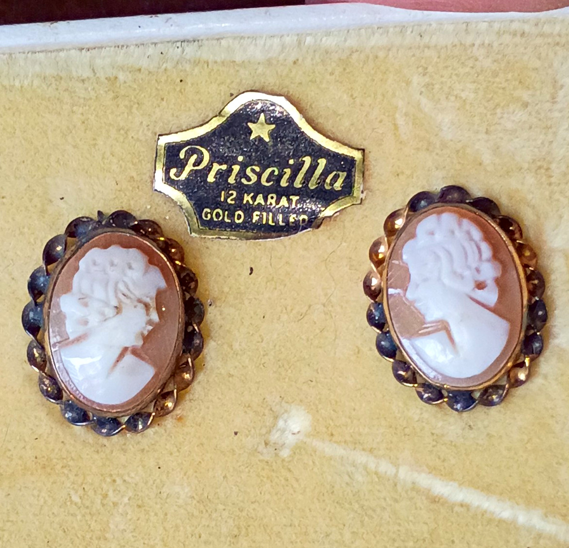 Priscilla Signed 12k Gold Filled Oval White Cameo Stud Earrings Screw Back