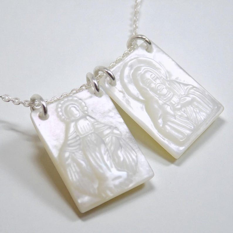 Scapular Christian Necklace, Virgin Mary Mother of Pearl Scapular Necklace