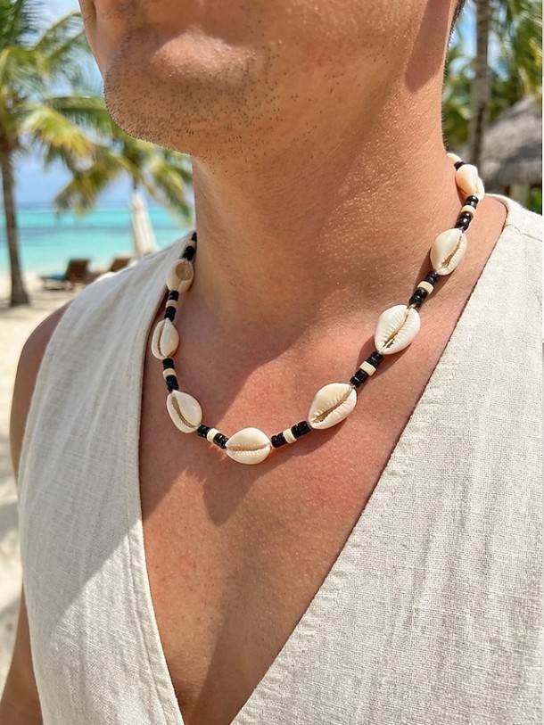 Boho Shell Choker Necklace Mens Surfer Beach Necklace Coastal Hawaiian Jewelry