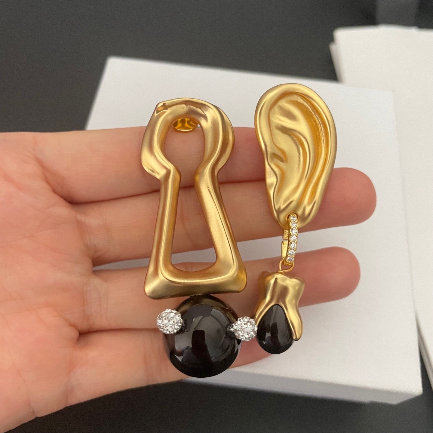 Schiaparelli Asymmetrical Ear Lock Tooth Black Onyx Drop Earrings