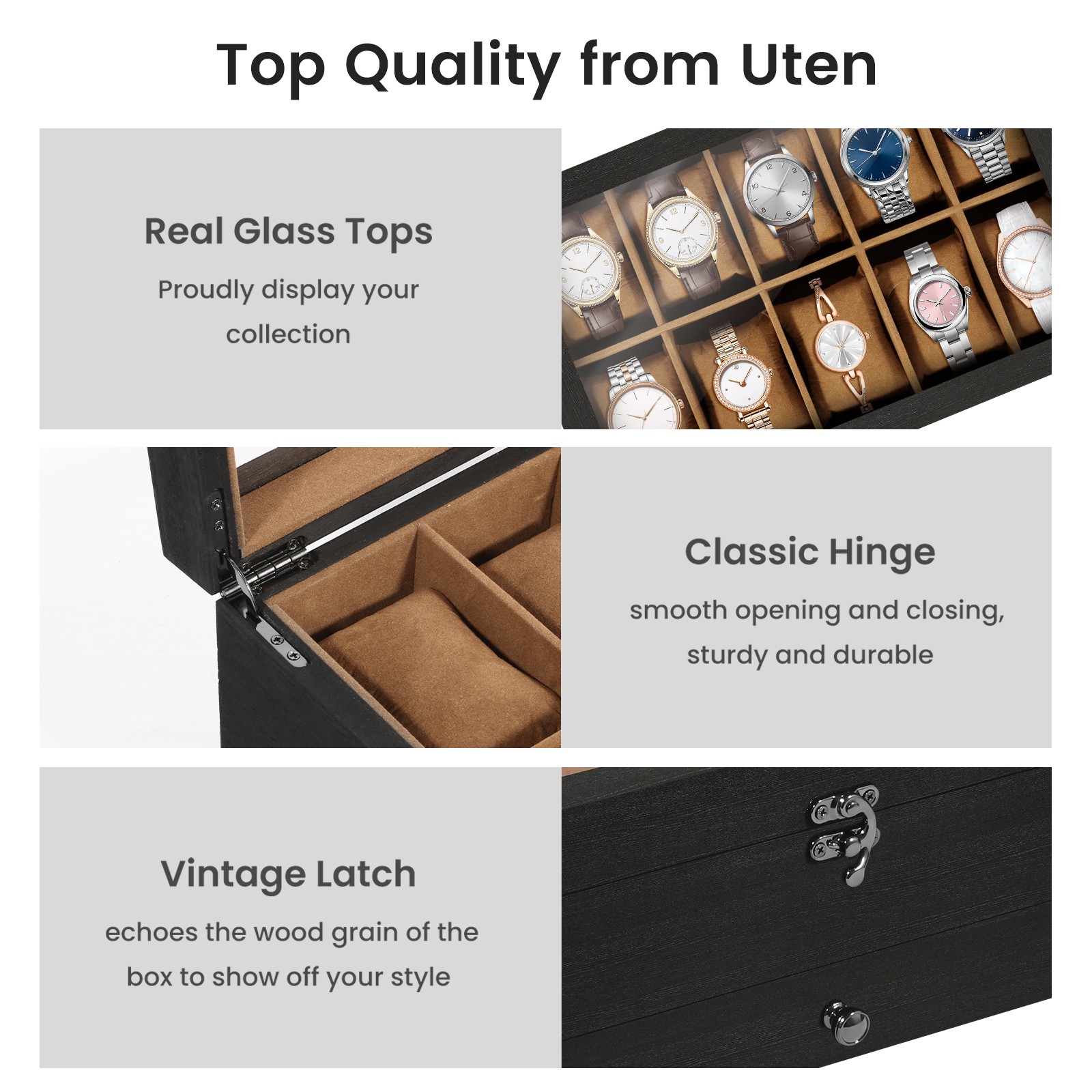 6-8-10-12 Slot Watch Box Solid Wood Watch Display Case Glass Lid Watch Holder