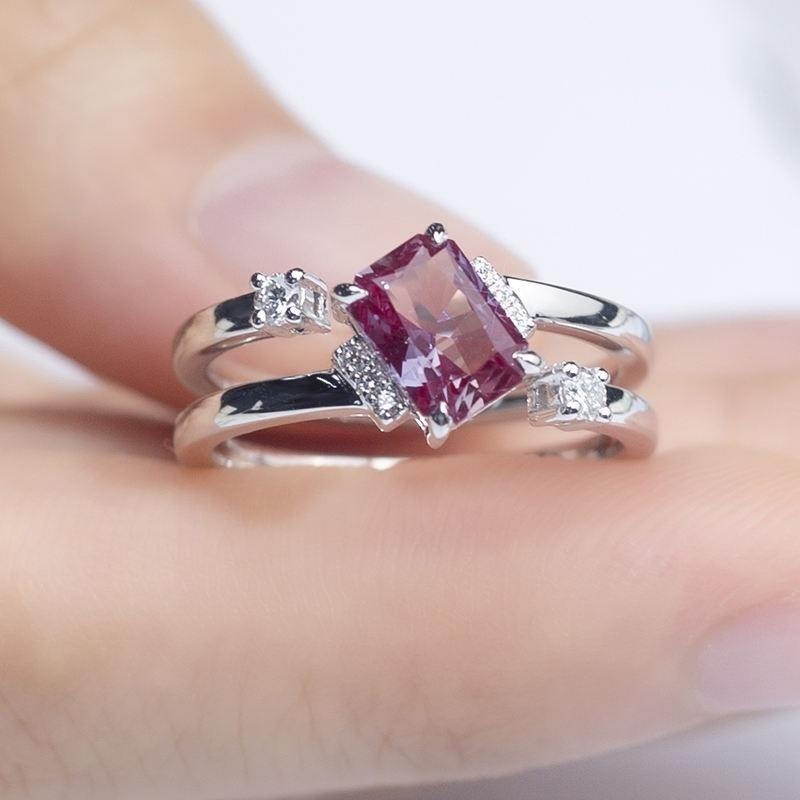 1.20Ct Purple Emerald Moissanite Three Stone Ring White Gold Plated 925 Silver