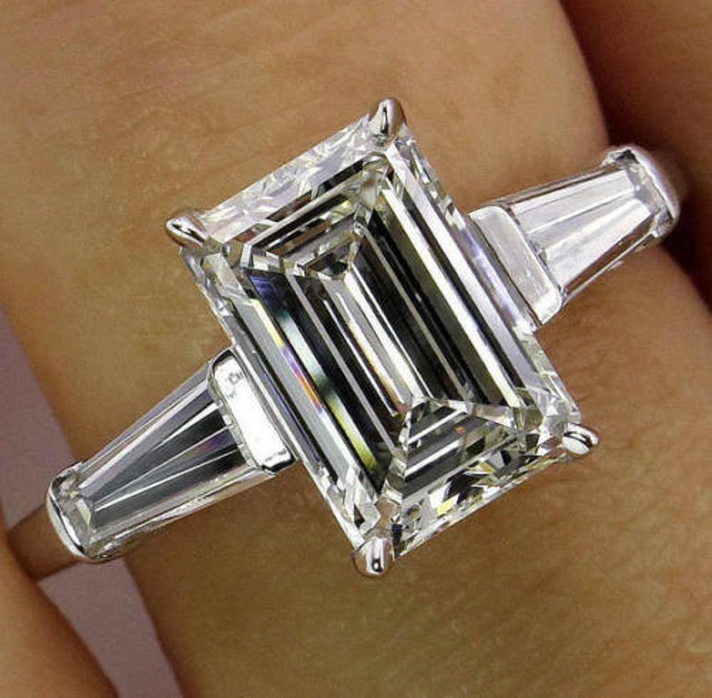 3.Ct Emerald Diamond Simulated Engagement Wedding Ring 14k White Gold Size 8