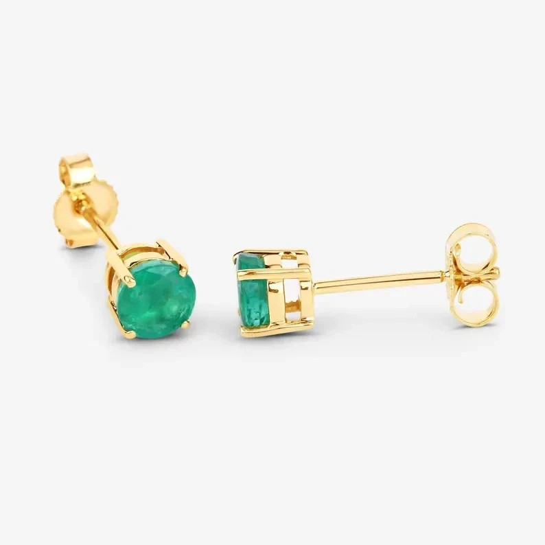 2Ct Round Cut Natural Emerald Diamond 14K Yellow Gold Luxurious Earring Stud