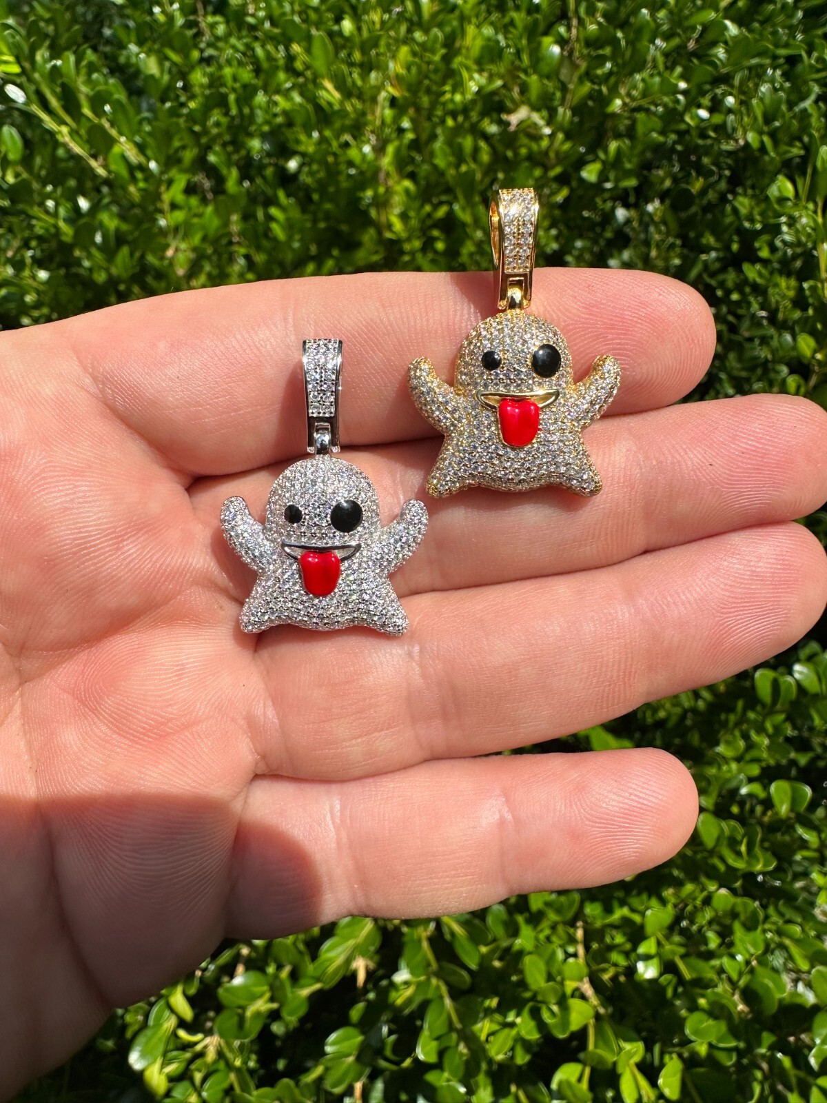Real 925 Sterling Silver Gold Plated Snapchat Laughing Ghost Piece Pendant CZ